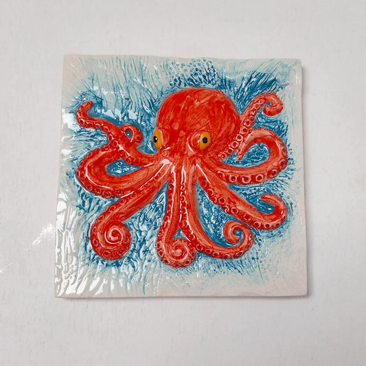 Hand-Painted Octopus Ceramic Tile, Portuguese Wall Art (5.51"x5.51")