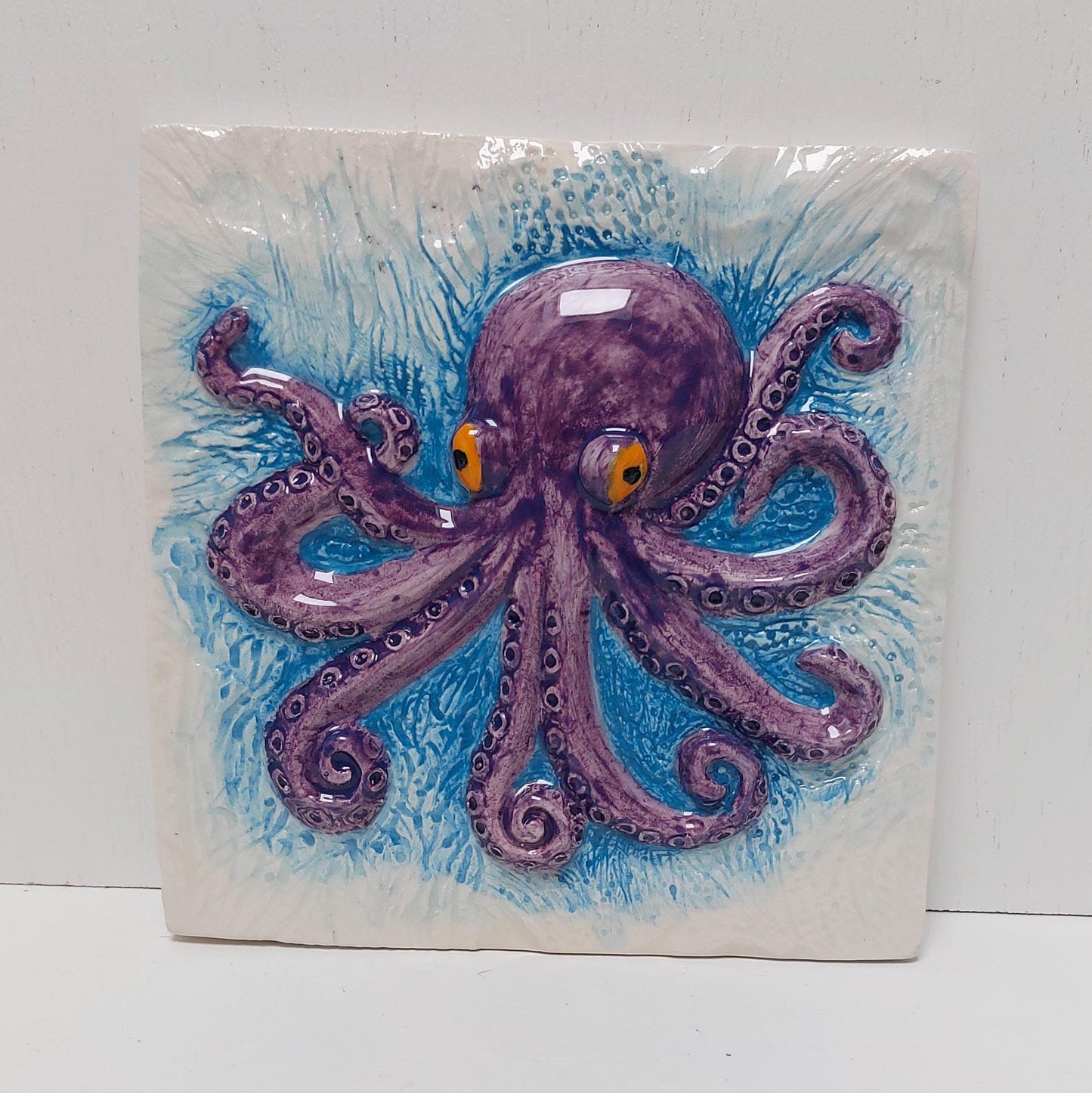 Octopus Tile Mural, Hand-Painted Portuguese Ceramic Wall Decor (Set of 3)