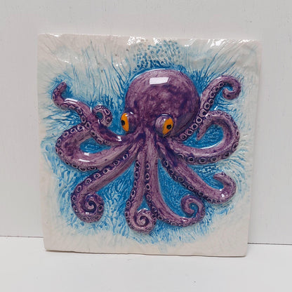 Octopus Tile Mural, Hand-Painted Portuguese Ceramic Wall Decor (Set of 3)