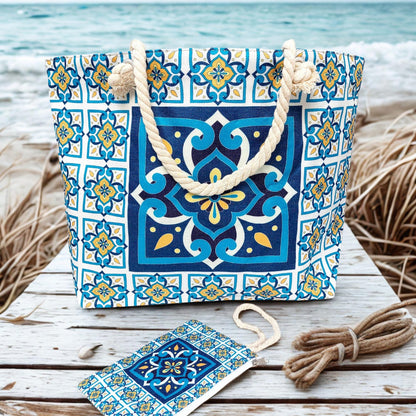 Waterproof Beach Tote with Portuguese Azulejo Tile Design