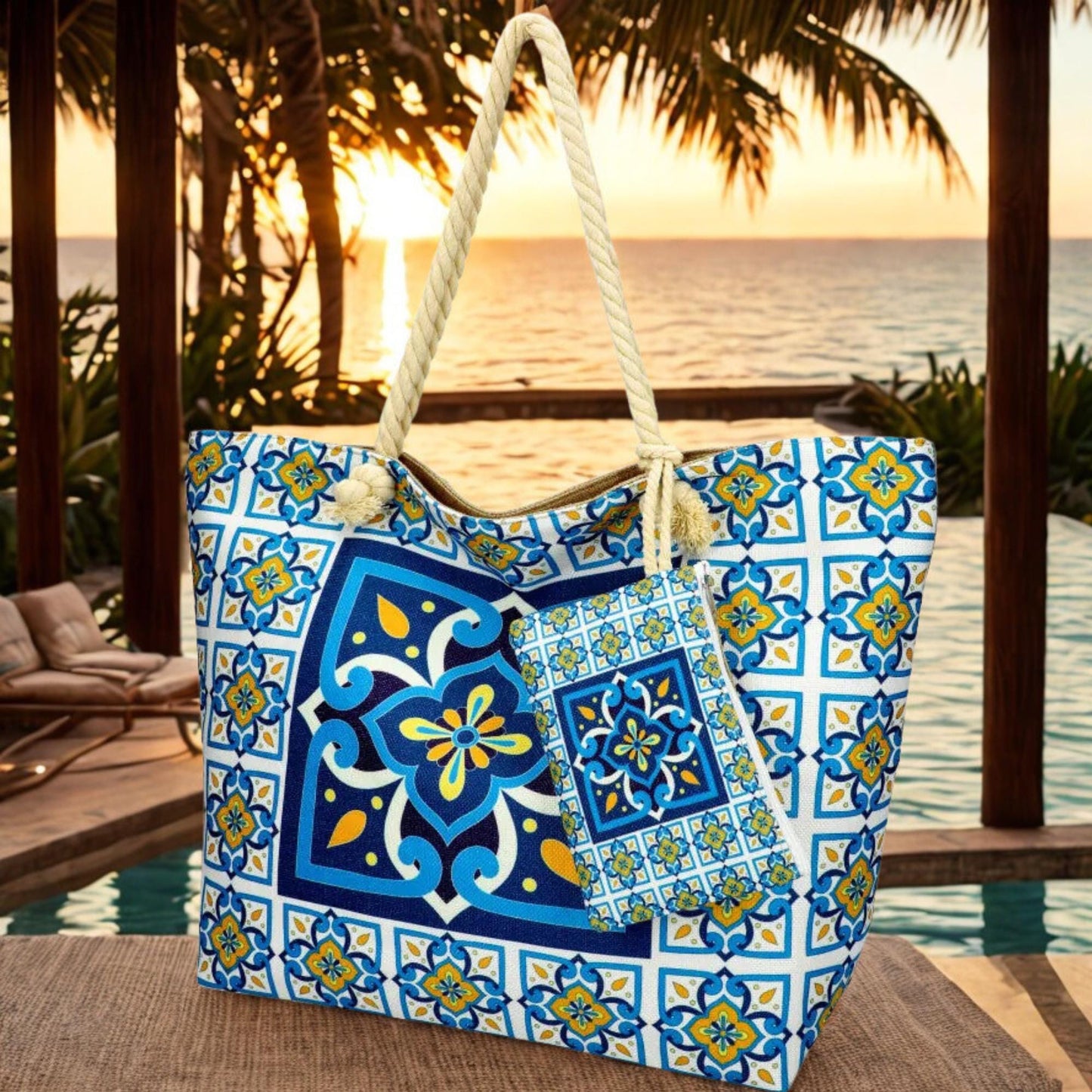 Waterproof Beach Tote with Portuguese Azulejo Tile Design