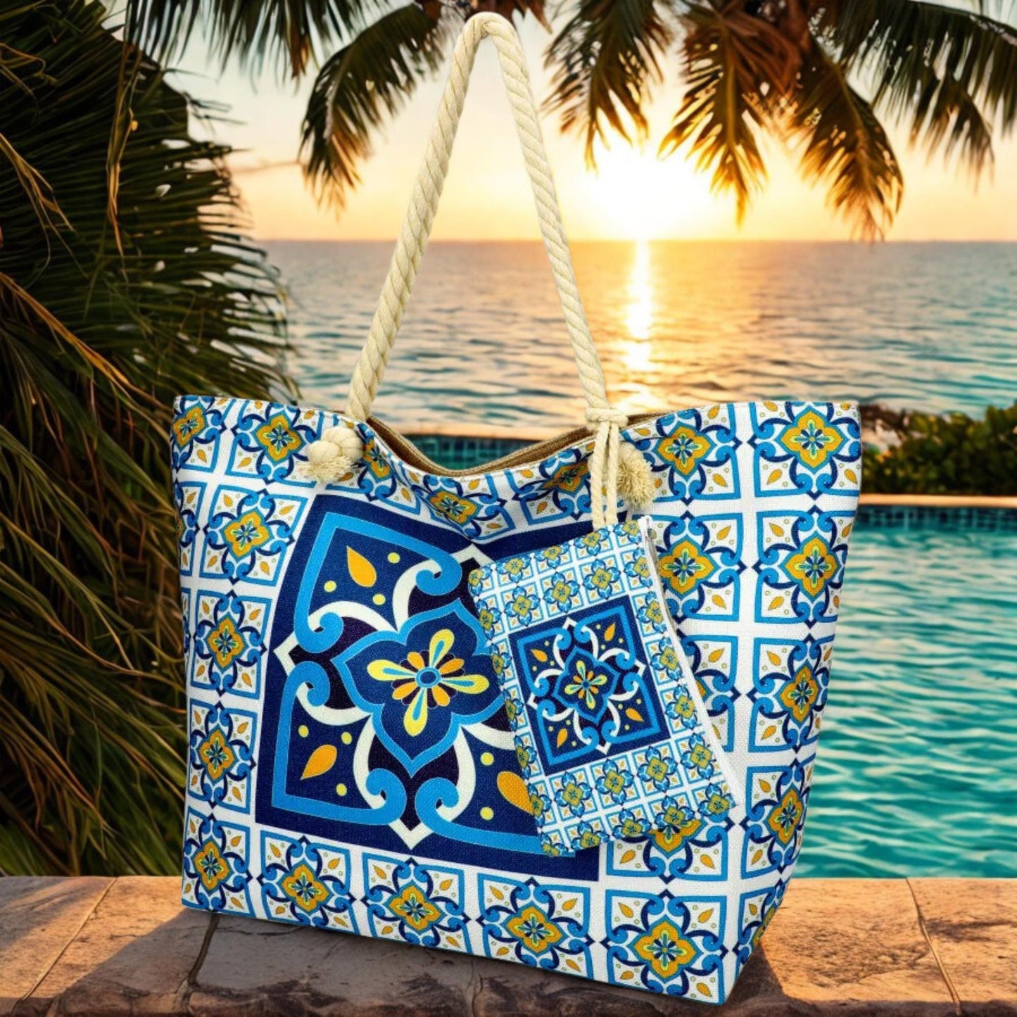 Waterproof Beach Tote with Portuguese Azulejo Tile Design