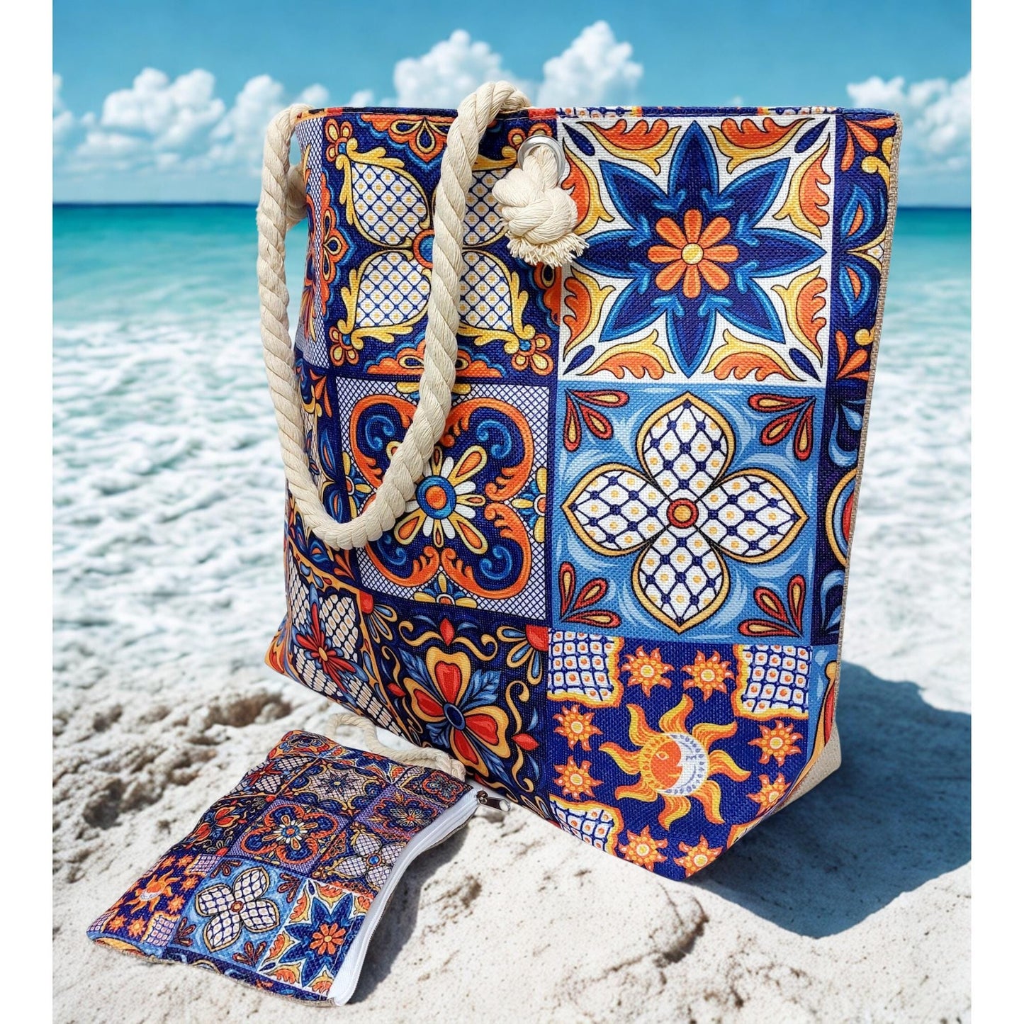 Portuguese Tiles Beach Tote, Waterproof Summer Bag with Zipper