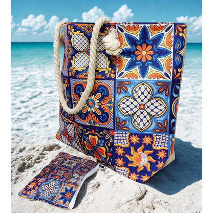 Portuguese Tiles Beach Tote, Waterproof Summer Bag with Zipper
