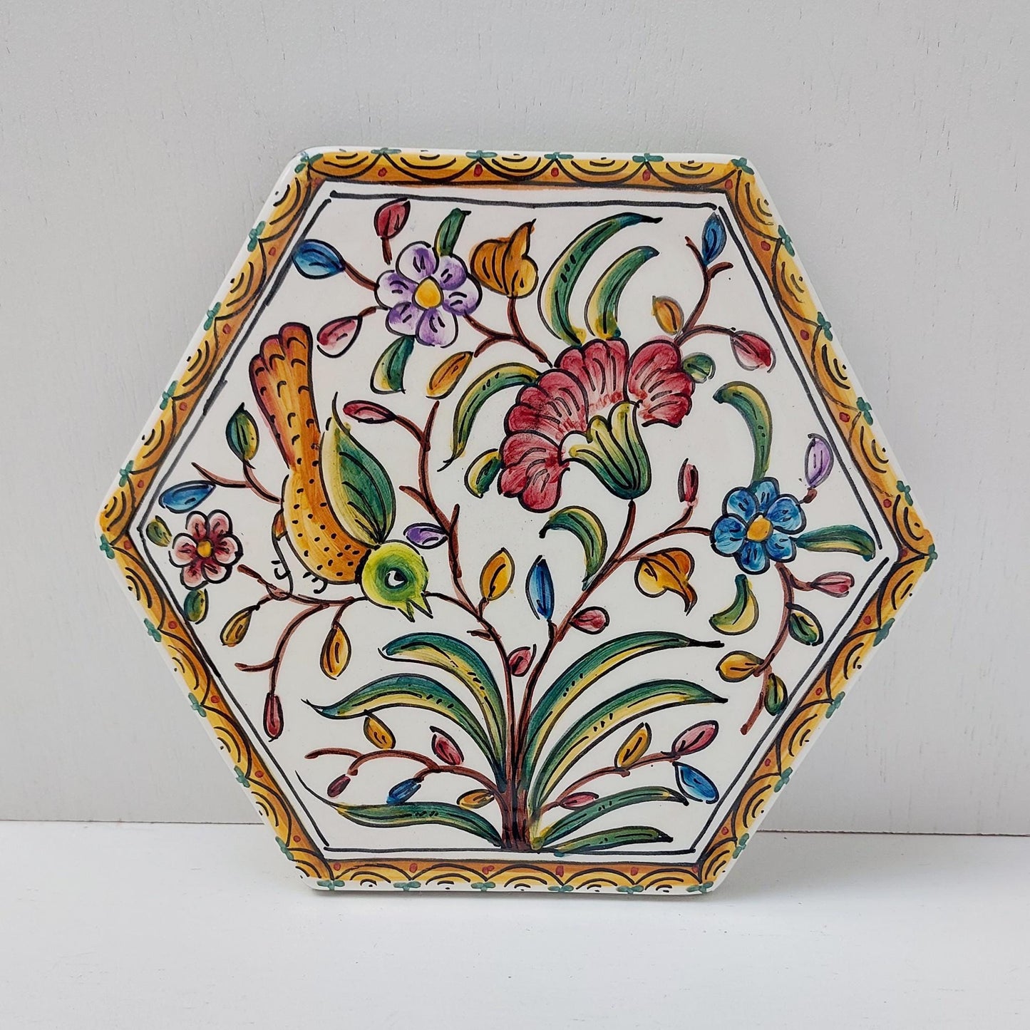 Hand Painted Portuguese Ceramic Tile, Bird and Floral Design
