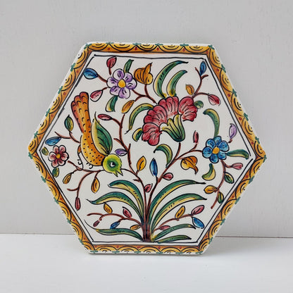 Hand Painted Portuguese Ceramic Tile, Bird and Floral Design