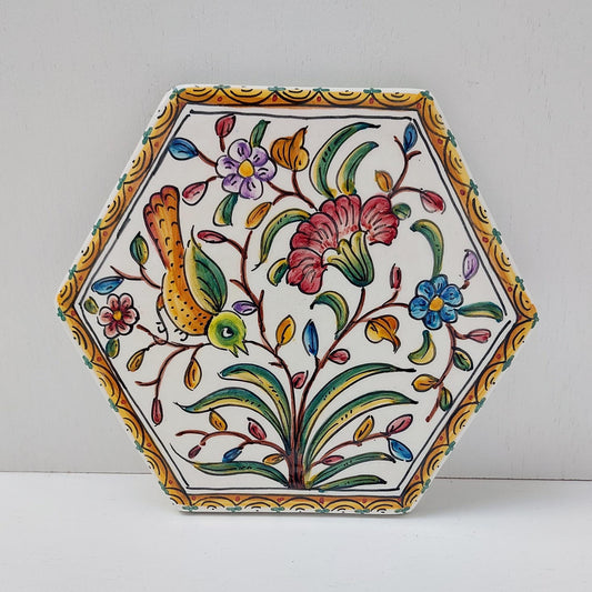Hand Painted Portuguese Ceramic Tile, Bird and Floral Design