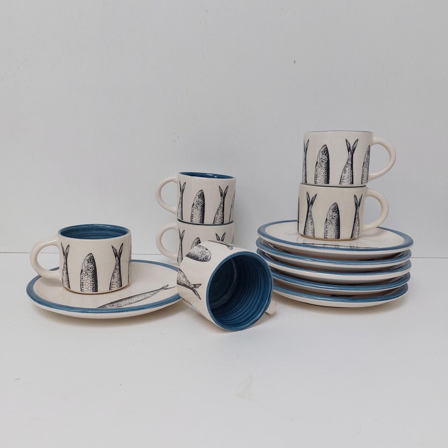 Handmade Portuguese Ceramic Coffee Set, Sardine Design Tableware