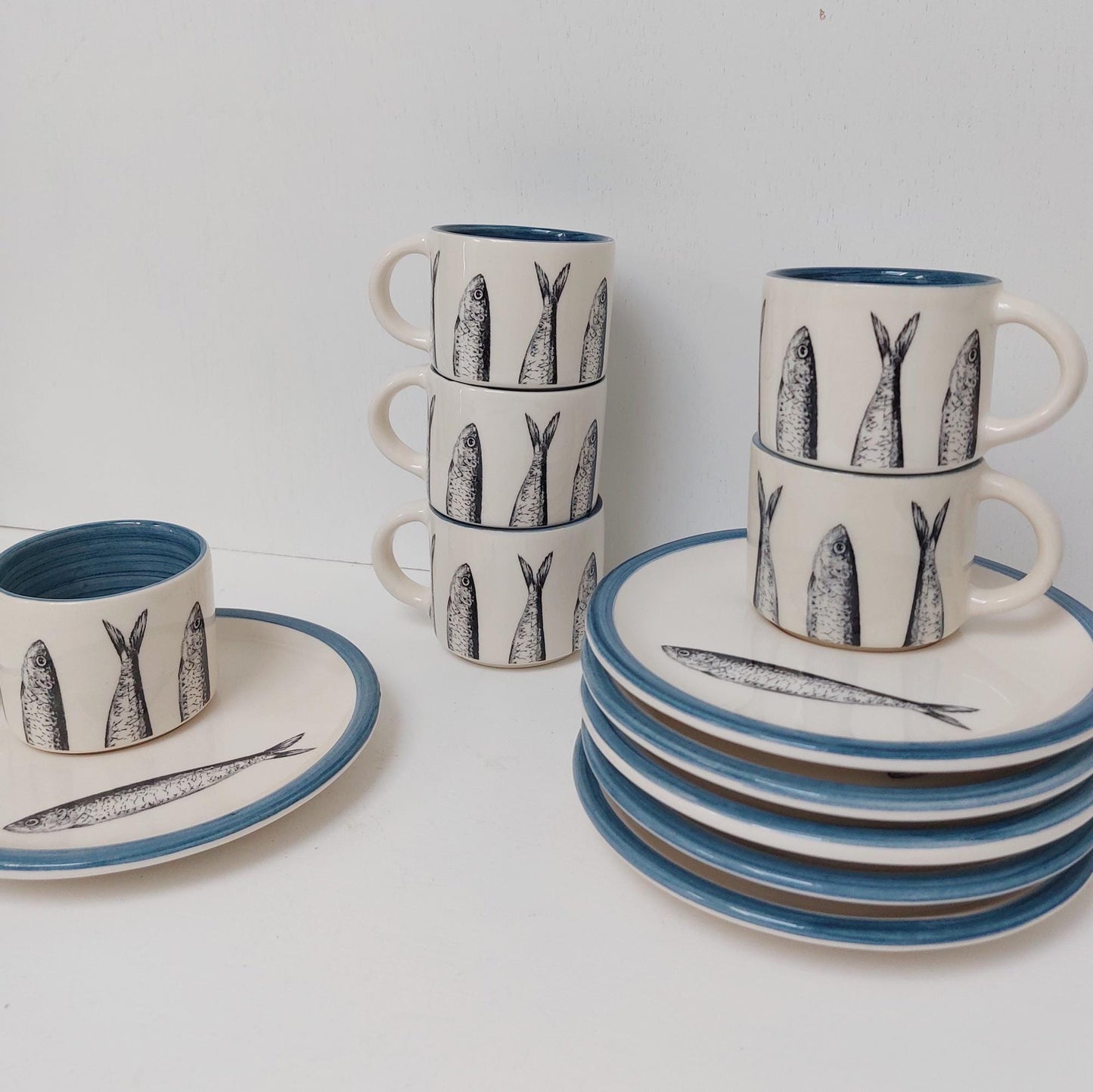 Handmade Portuguese Ceramic Coffee Set, Sardine Design Tableware
