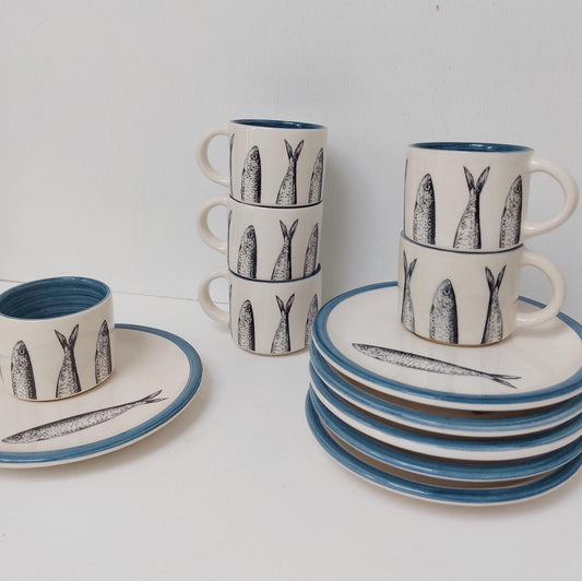 Handmade Portuguese Ceramic Coffee Set, Sardine Design Tableware