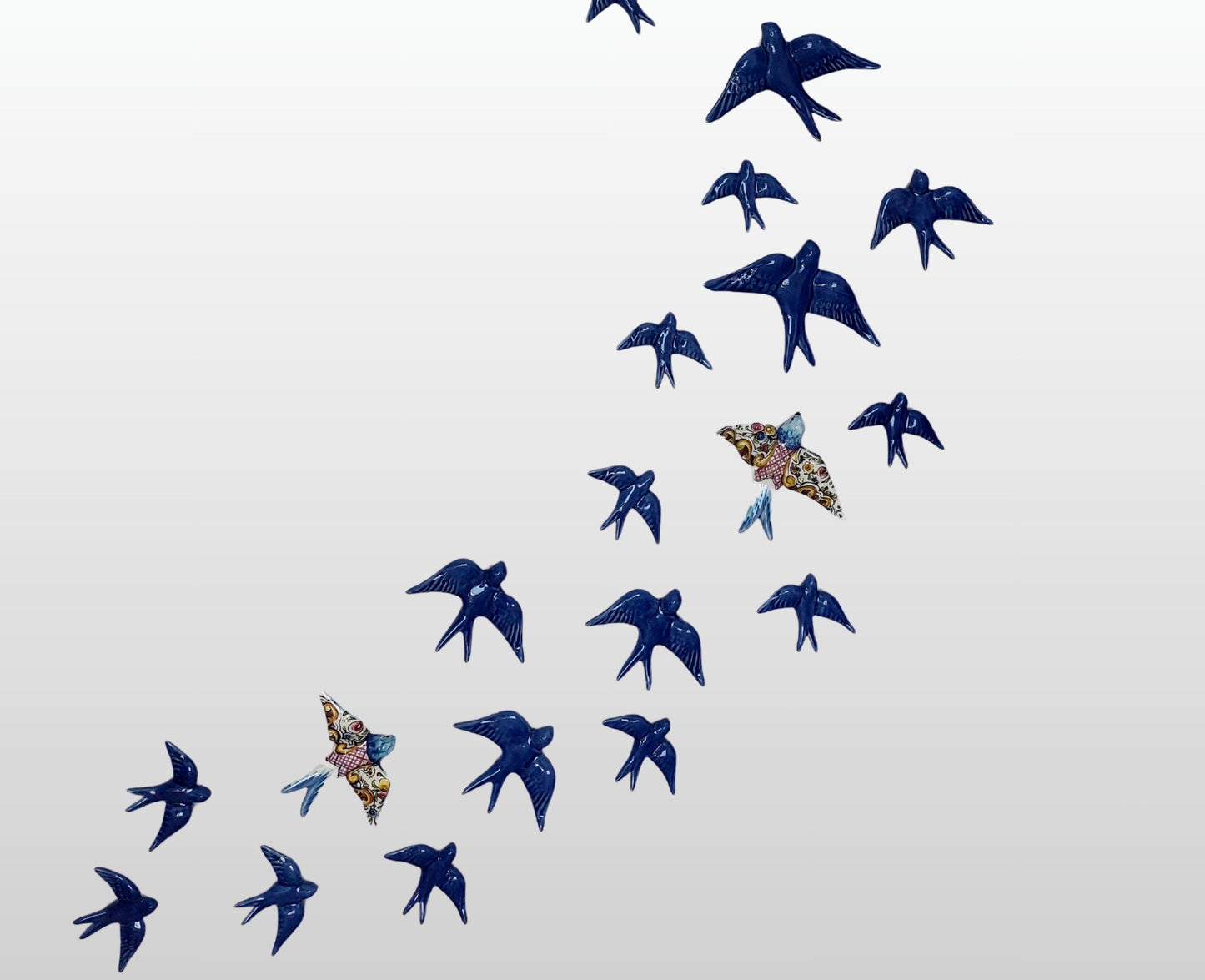 Hand-Painted Portuguese Ceramic Swallow Mural, Cobalt Blue Wall Art (31 Piece)