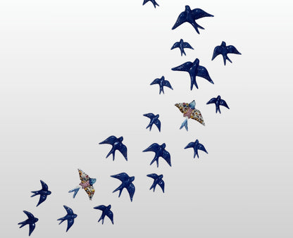 Hand-Painted Portuguese Ceramic Swallow Mural, Cobalt Blue Wall Art (31 Piece)