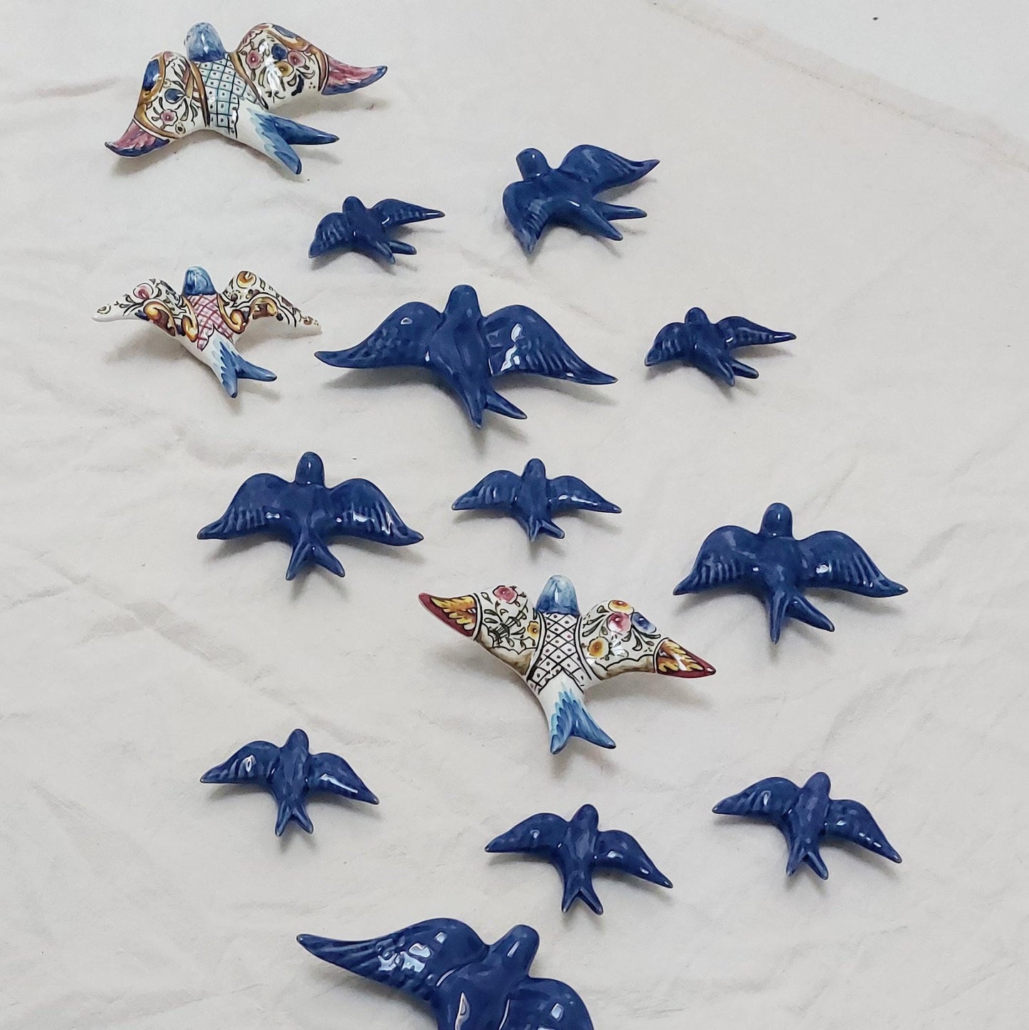 Hand-Painted Portuguese Ceramic Swallow Mural, Cobalt Blue Wall Art (31 Piece)