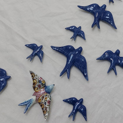 Hand-Painted Portuguese Ceramic Swallow Mural, Cobalt Blue Wall Art (31 Piece)