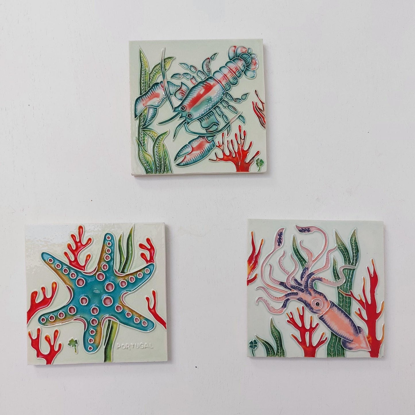 Hand-Painted Portuguese Tile Mural: Marine Animals Azulejo, Set of 3