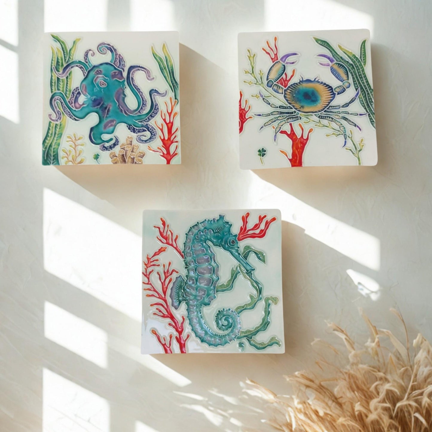 Hand-Painted Portuguese Tile Mural: Marine Animals, Set of 3