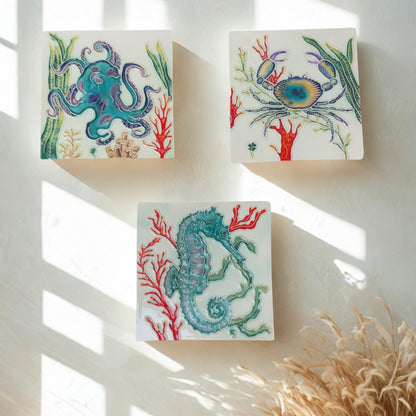 Hand-Painted Portuguese Tile Mural: Marine Animals, Set of 3