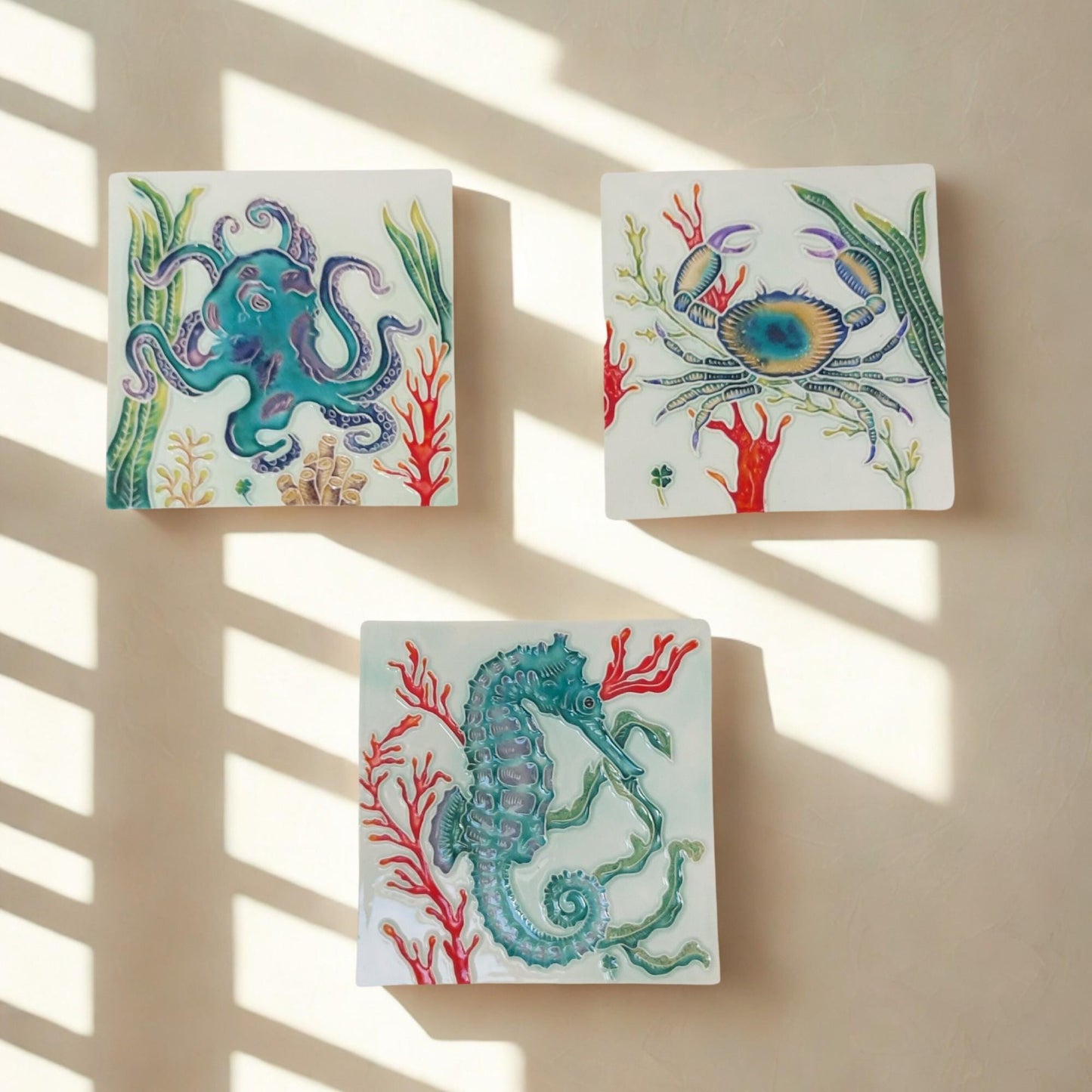 Hand-Painted Portuguese Tile Mural: Marine Animals, Set of 3