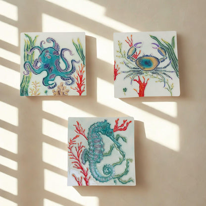 Hand-Painted Portuguese Tile Mural: Marine Animals, Set of 3
