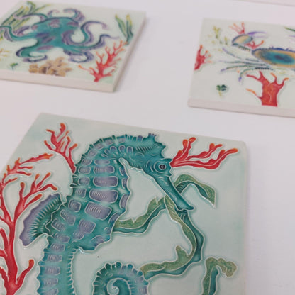 Hand-Painted Portuguese Tile Mural: Marine Animals, Set of 3