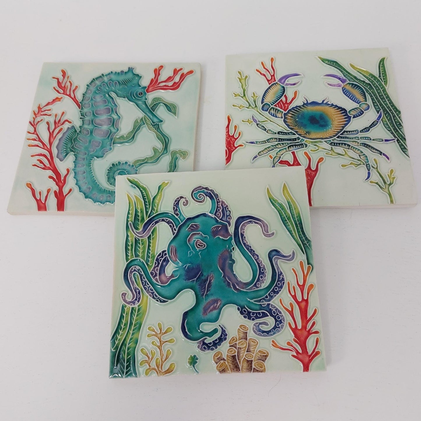 Hand-Painted Portuguese Tile Mural: Marine Animals, Set of 3