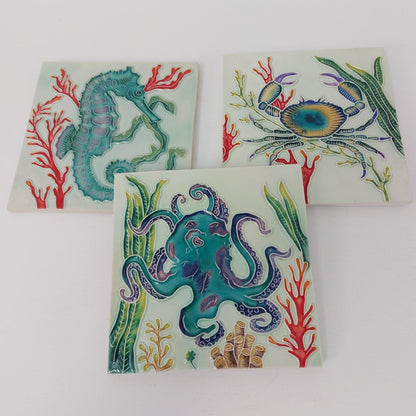 Hand-Painted Portuguese Tile Mural: Marine Animals, Set of 3