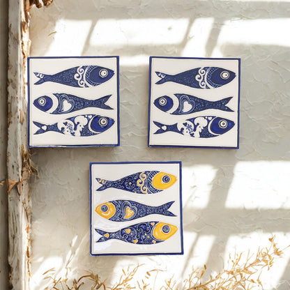 Hand-Painted Azulejo Sardine Tile Mural, Portuguese Wall Art (Set of 3)