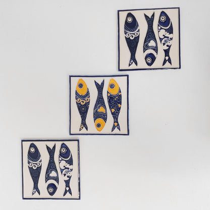 Hand-Painted Azulejo Sardine Tile Mural, Portuguese Wall Art (Set of 3)