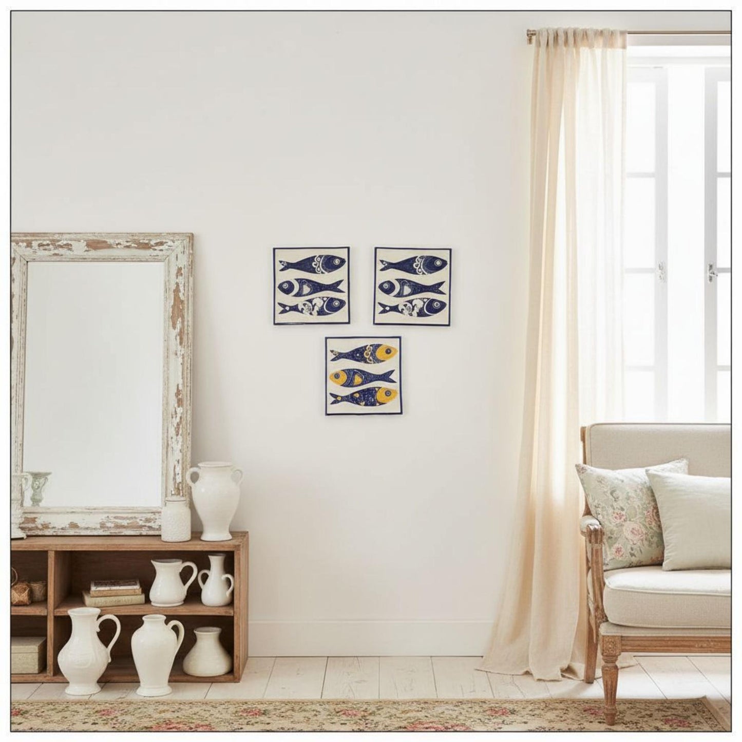 Hand-Painted Azulejo Sardine Tile Mural, Portuguese Wall Art (Set of 3)