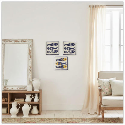 Hand-Painted Azulejo Sardine Tile Mural, Portuguese Wall Art (Set of 3)
