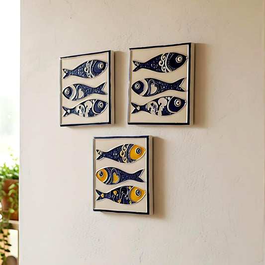 Hand-Painted Azulejo Sardine Tile Mural, Portuguese Wall Art (Set of 3)