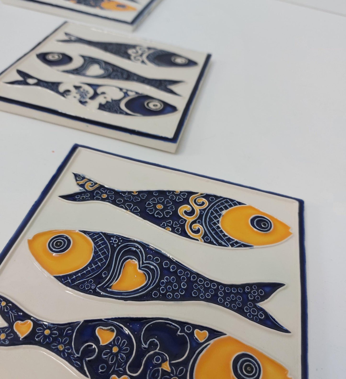 Hand-Painted Sardine Tile Mural (Set of 3) - Portuguese Azulejo Wall Art
