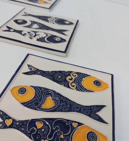 Hand-Painted Sardine Tile Mural (Set of 3) - Portuguese Azulejo Wall Art