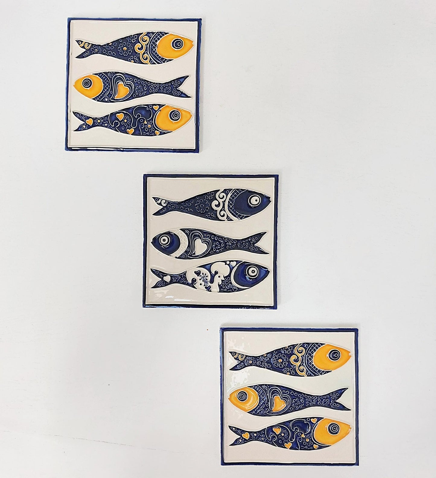 Hand-Painted Sardine Tile Mural (Set of 3) - Portuguese Azulejo Wall Art