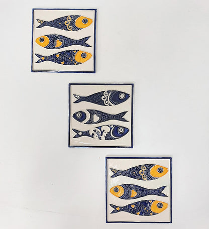 Hand-Painted Sardine Tile Mural (Set of 3) - Portuguese Azulejo Wall Art