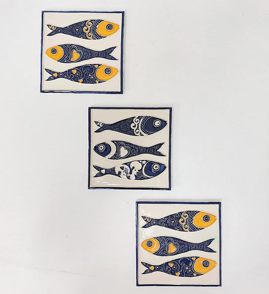 Hand-Painted Sardine Tile Mural (Set of 3) - Portuguese Azulejo Wall Art