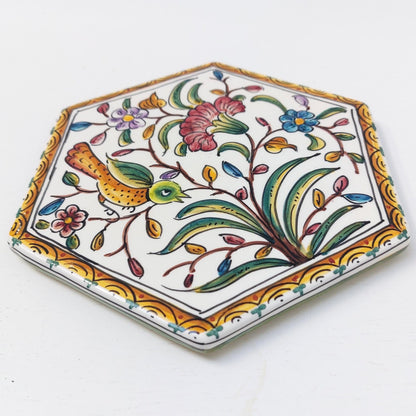 Hand Painted Portuguese Ceramic Tile, Bird and Floral Design