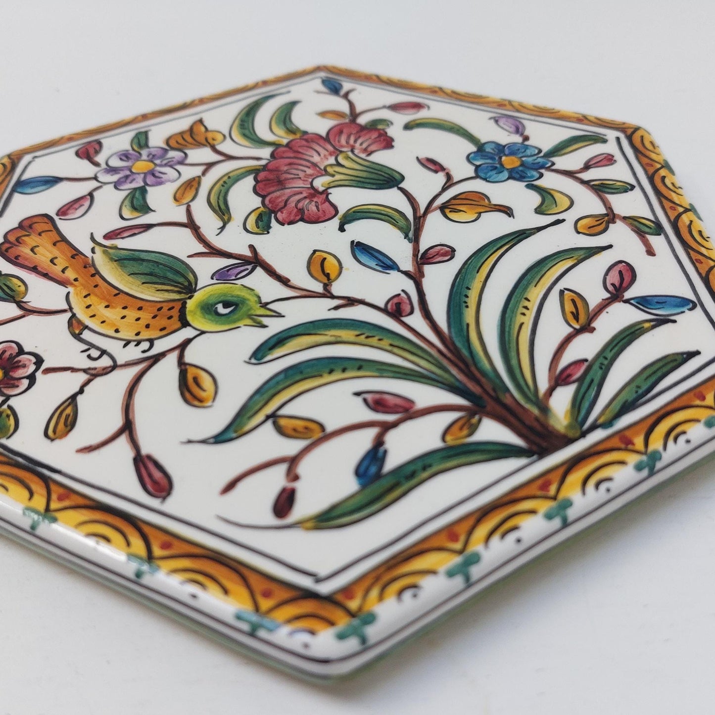 Hand Painted Portuguese Ceramic Tile, Bird and Floral Design