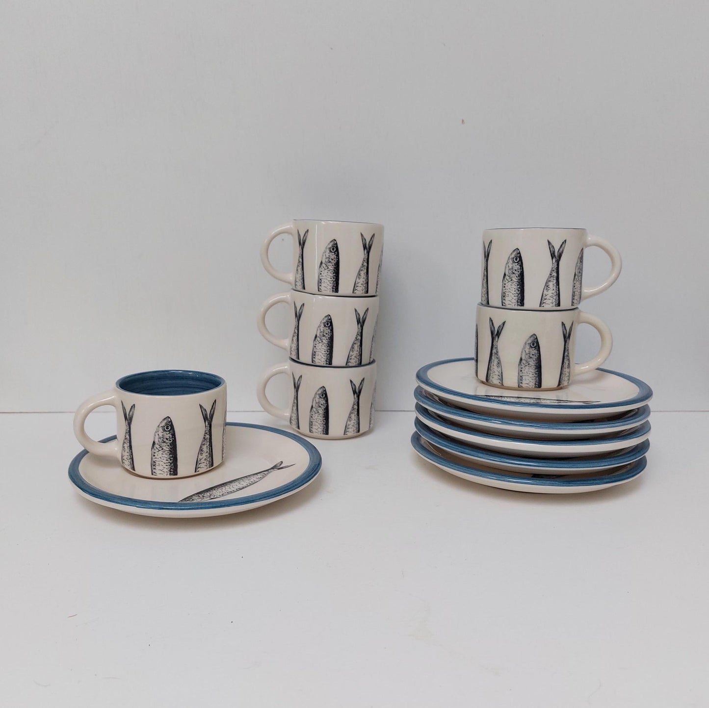 Handmade Portuguese Ceramic Coffee Set, Sardine Design Tableware