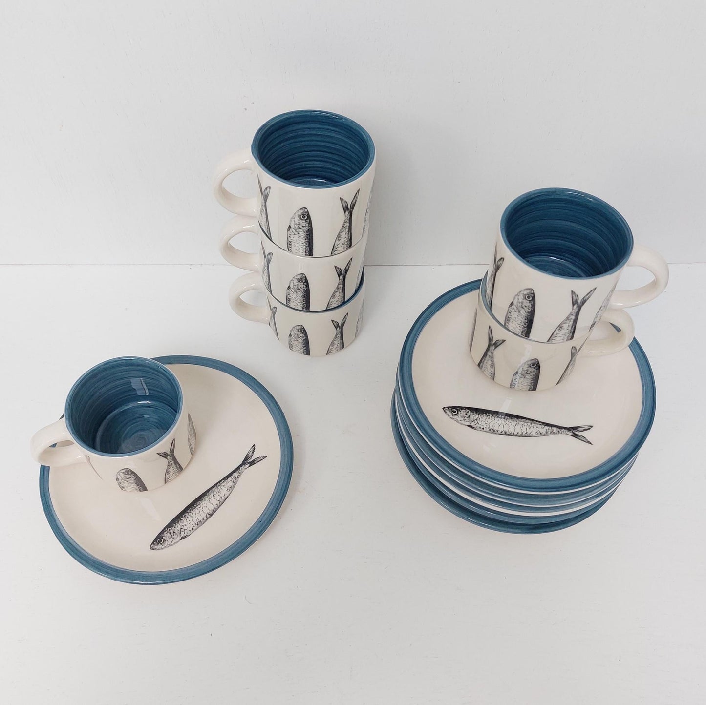 Handmade Portuguese Ceramic Coffee Set, Sardine Design Tableware