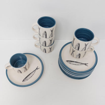 Handmade Portuguese Ceramic Coffee Set, Sardine Design Tableware