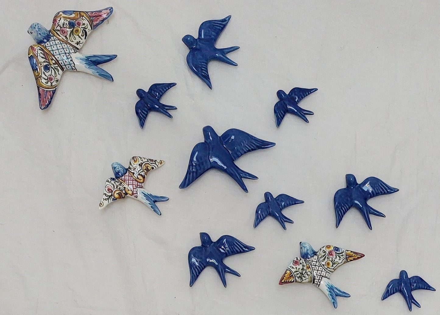 Hand-Painted Portuguese Ceramic Swallow Mural, Cobalt Blue Wall Art (31 Piece)