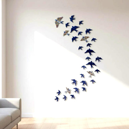 Hand-Painted Portuguese Ceramic Swallow Mural, Cobalt Blue Wall Art (31 Piece)