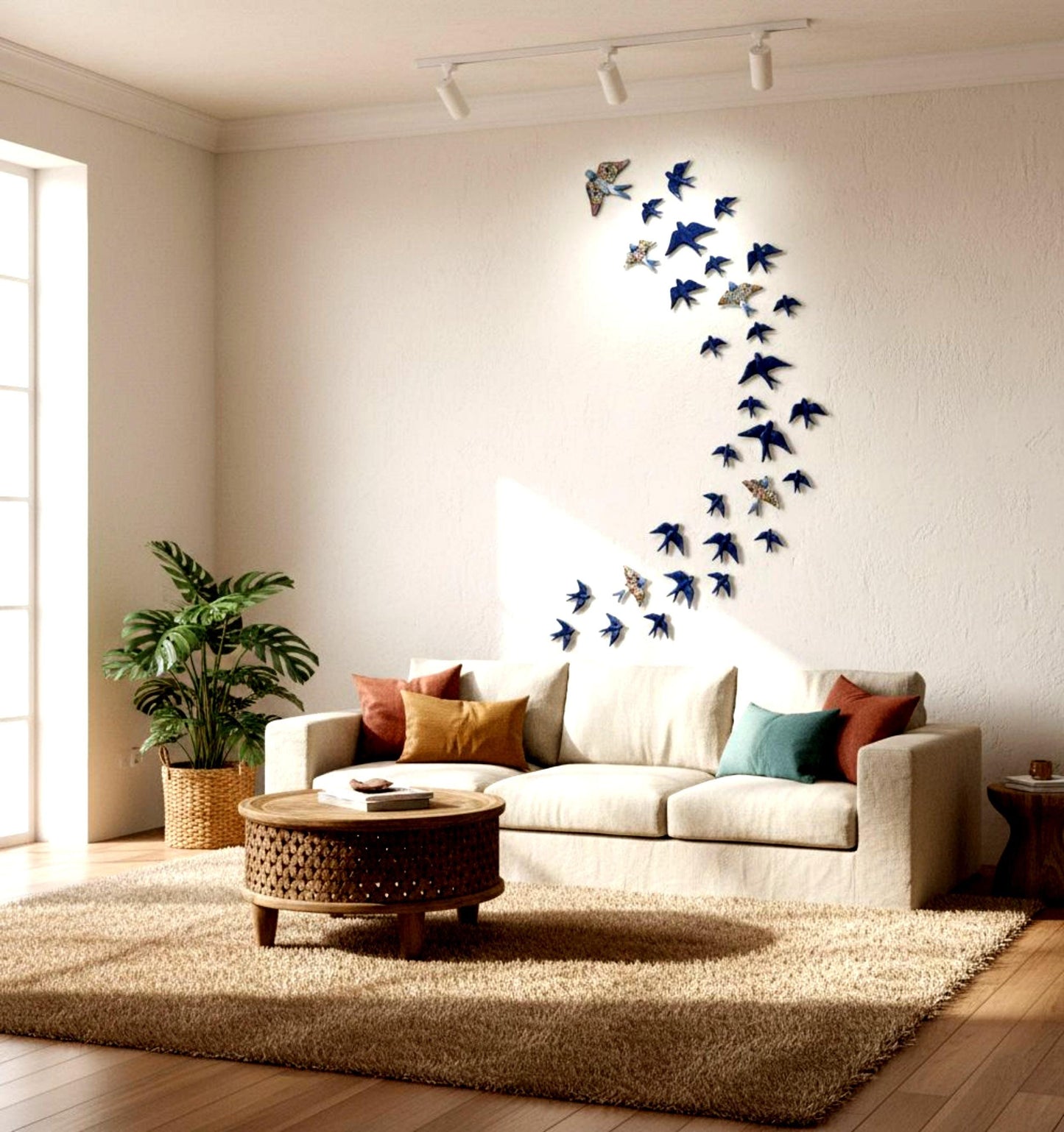 Hand-Painted Portuguese Ceramic Swallow Mural, Cobalt Blue Wall Art (31 Piece)