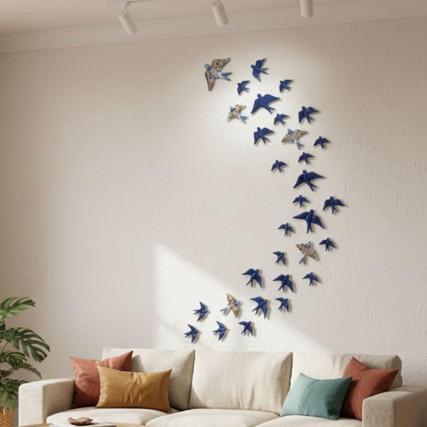 Hand-Painted Portuguese Ceramic Swallow Mural, Cobalt Blue Wall Art (31 Piece)