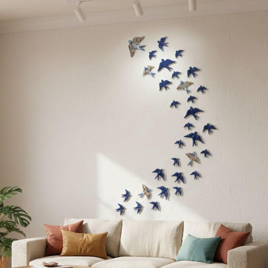 Hand-Painted Portuguese Ceramic Swallow Mural, Cobalt Blue Wall Art (31 Piece)