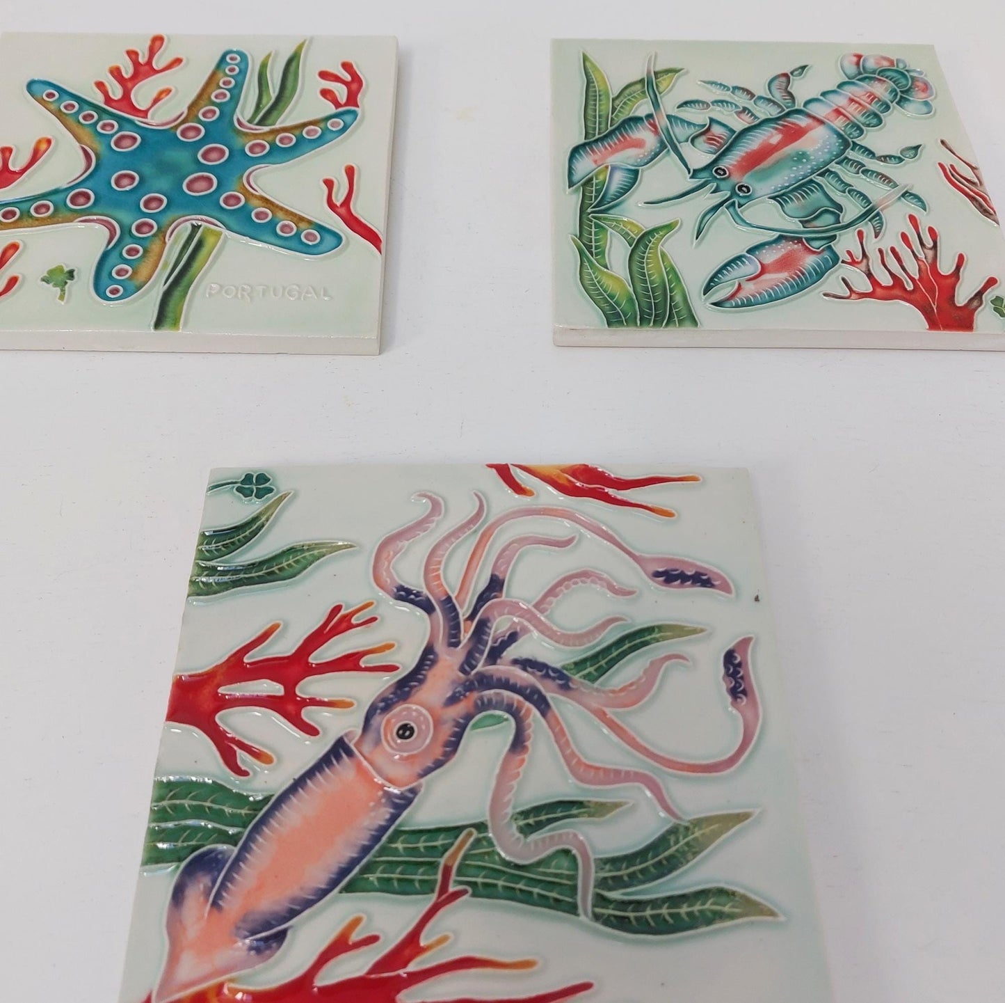 Hand-Painted Portuguese Tile Mural: Marine Animals Azulejo, Set of 3