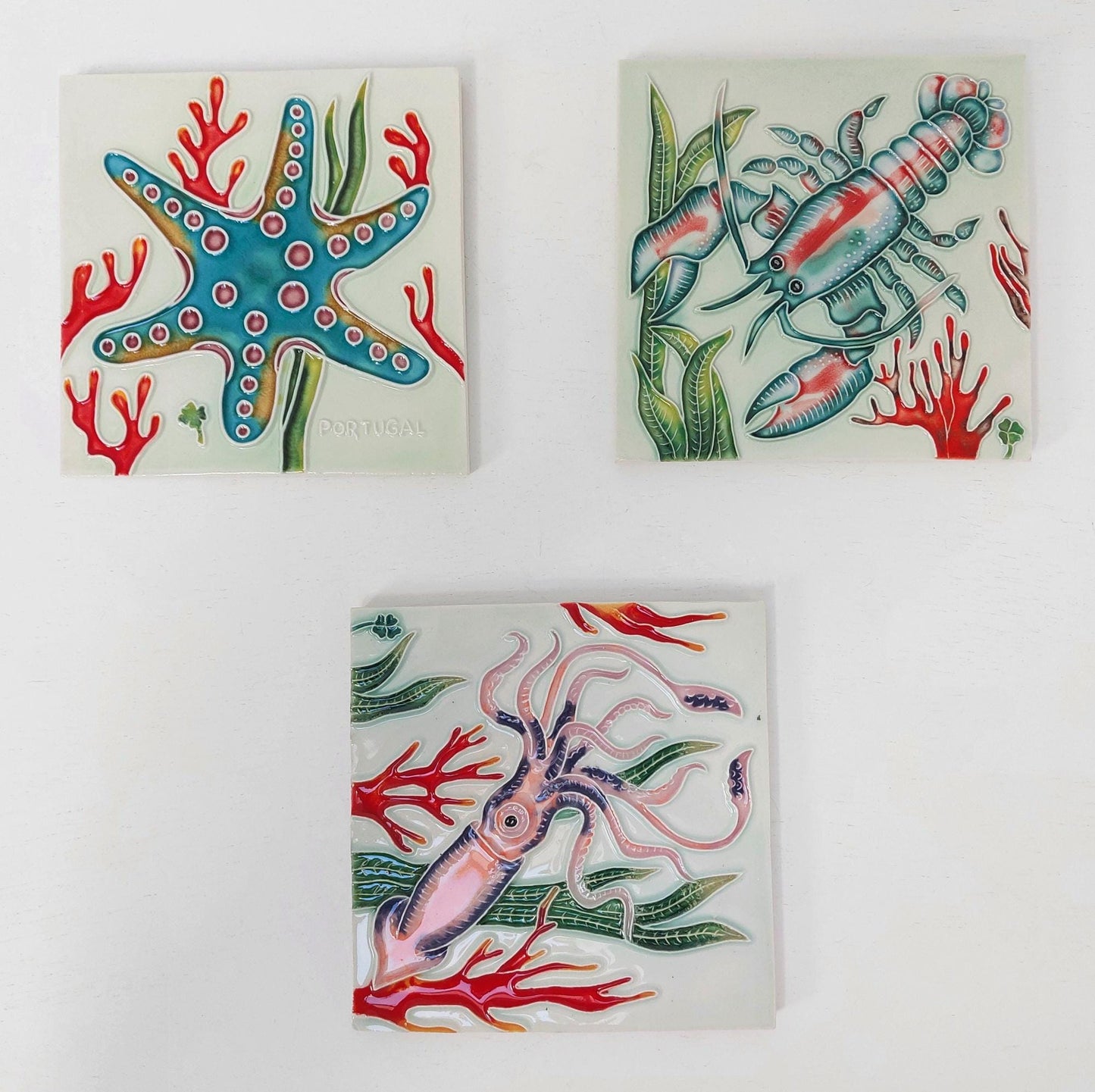 Hand-Painted Portuguese Tile Mural: Marine Animals Azulejo, Set of 3