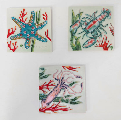 Hand-Painted Portuguese Tile Mural: Marine Animals Azulejo, Set of 3
