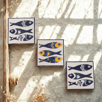 Hand-Painted Azulejo Sardine Tile Mural, Portuguese Wall Art (Set of 3)